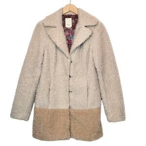 Anthropologie Elevenses Fira Sherpa Teddy Coat Tan Beige Faux Fur Chic M